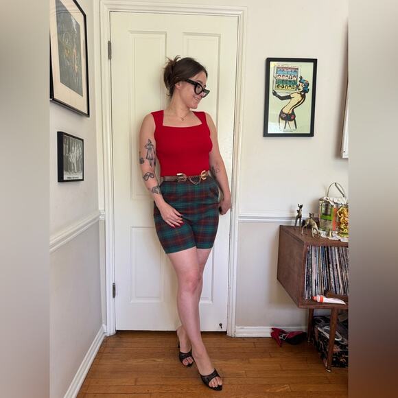 Vintage Pants - 50s Vintage High Waisted Plaid Side Zip Shorts